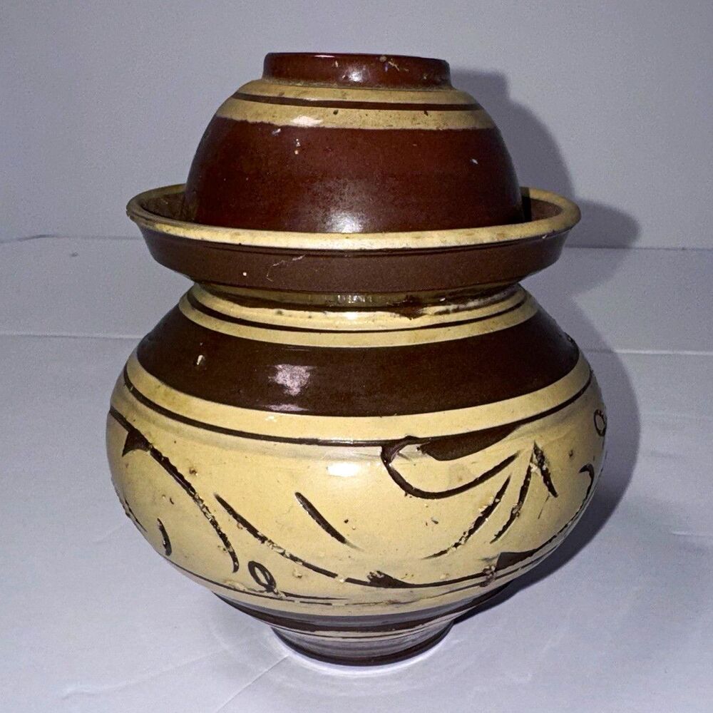 Chinese Ceramic Pottery Fermenting Jar Hand Paint Brn & Beige Abstract Pattern